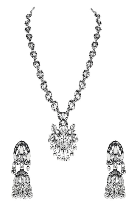 Traditional Silver Oxidised Long Necklace Jewellery Set With Earring