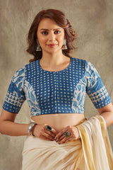 Blue Cotton Printed Short Sleeves Blouse