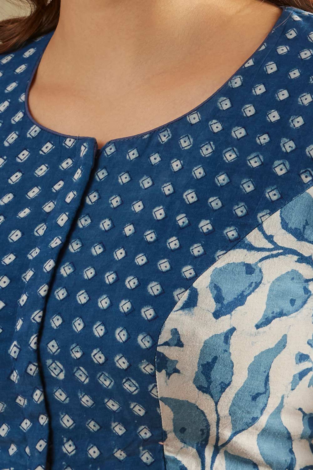 Blue Cotton Printed Short Sleeves Blouse