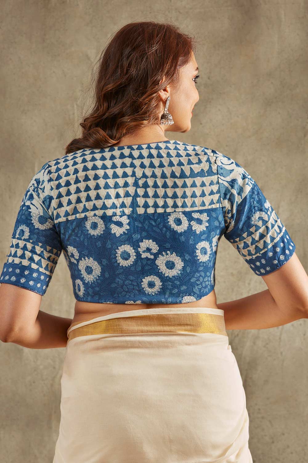 Blue Cotton Printed Short Sleeves Blouse