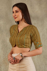 Yellow Cotton Printed Elbow Length Blouse