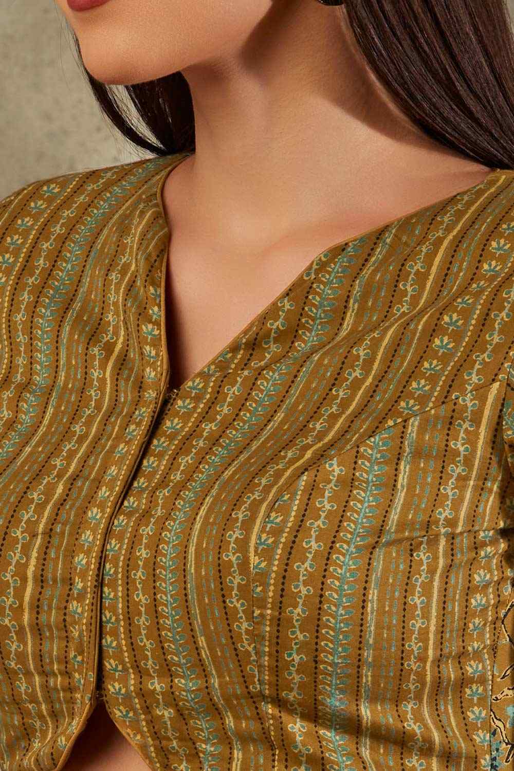 Yellow Cotton Printed Elbow Length Blouse