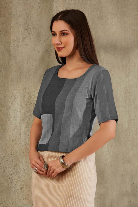 Grey Cotton Printed Elbow Sleeves Blouse
