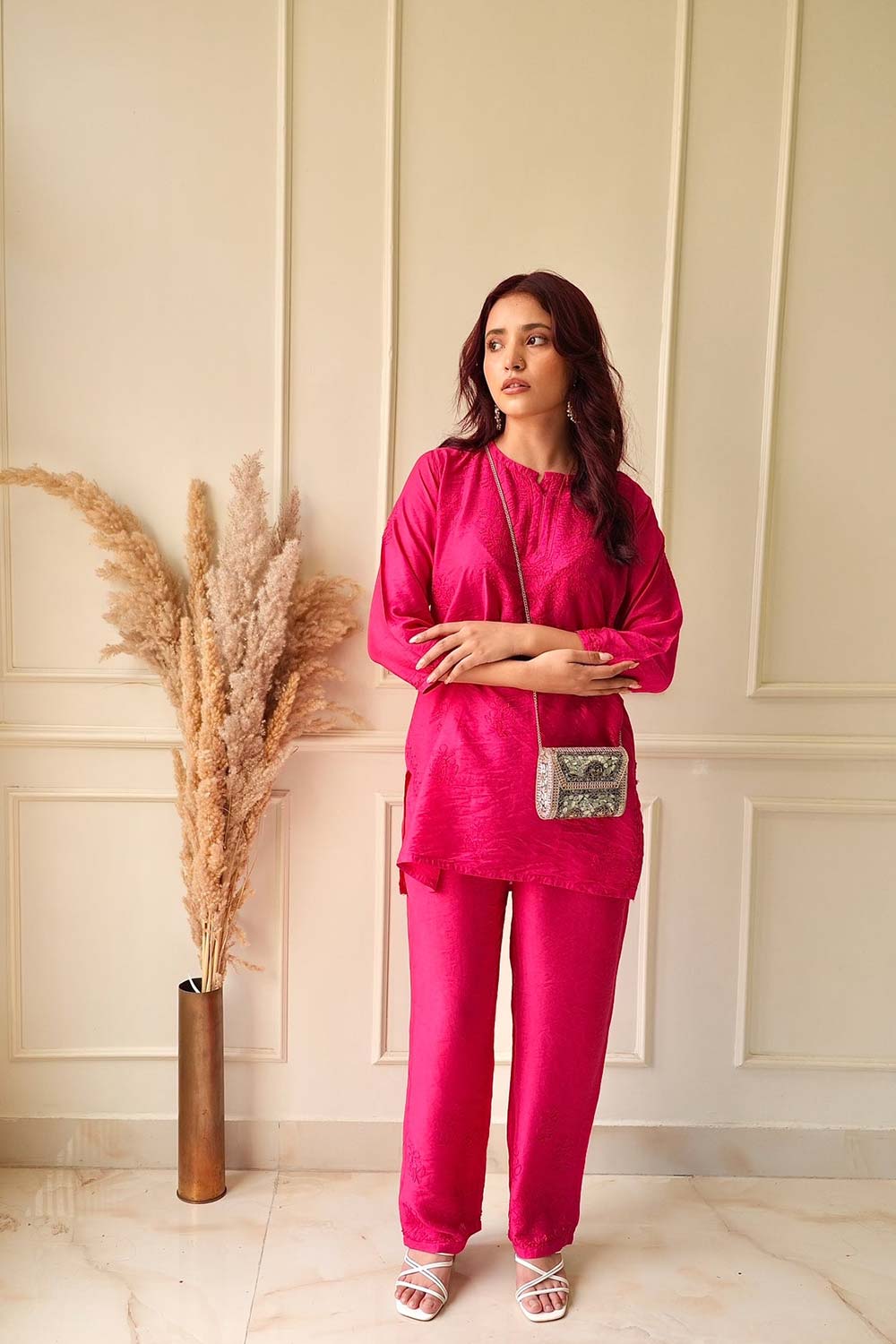 Meher Chikankari co-ord set in Hot pink