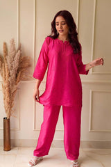 Meher Chikankari co-ord set in Hot pink