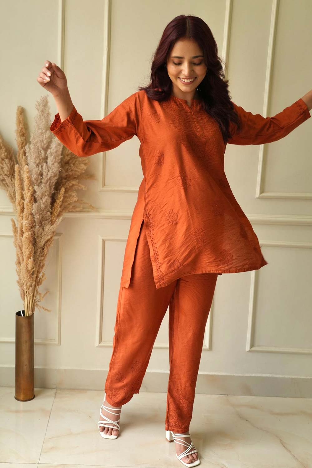 Meher Chikankari co-ord set in Rust