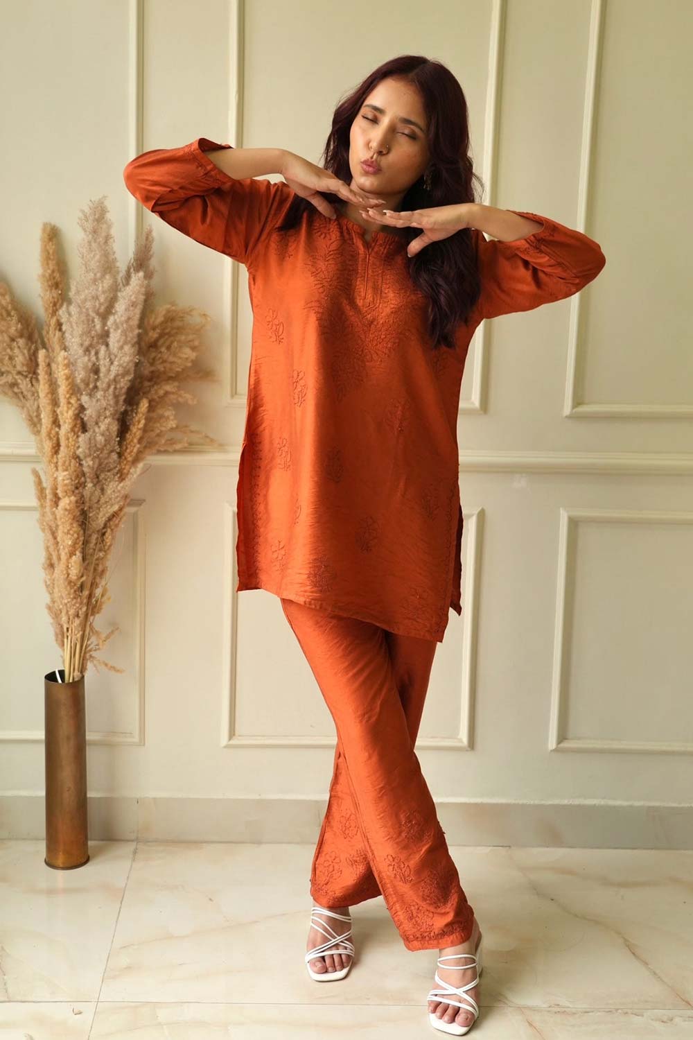 Meher Chikankari co-ord set in Rust