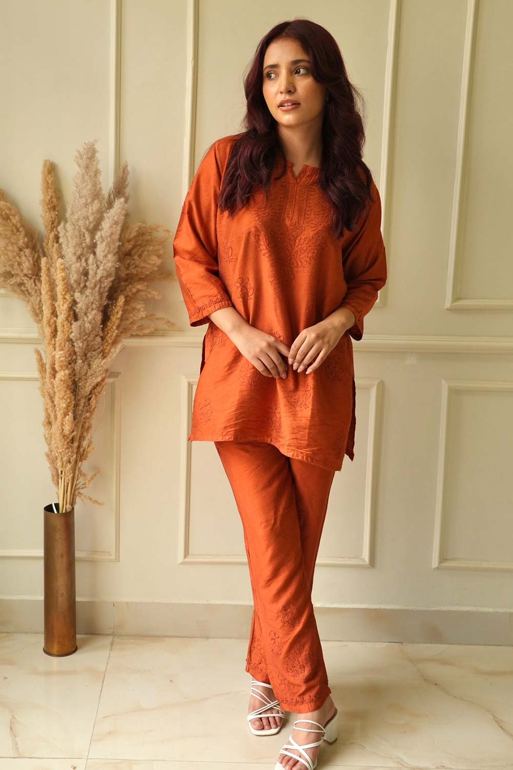 Meher Chikankari co-ord set in Rust