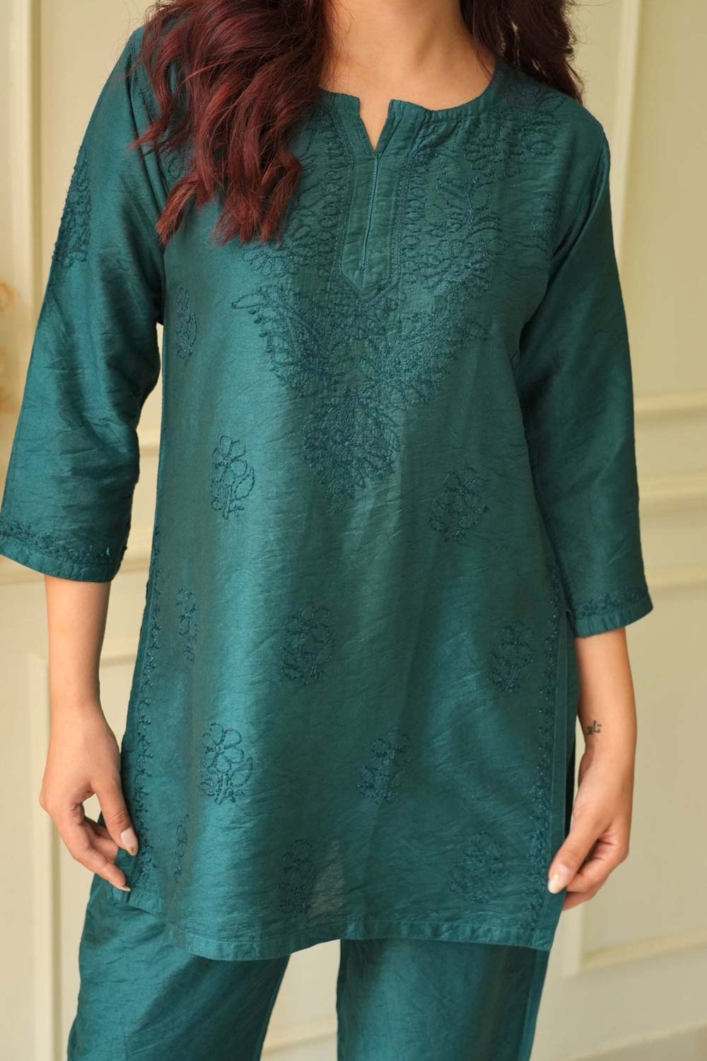 Meher Chikankari co-ord set in Teal blue