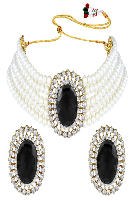 Gold Plated Traditional Stone Studded Pearl Choker Necklace Jewellery Set