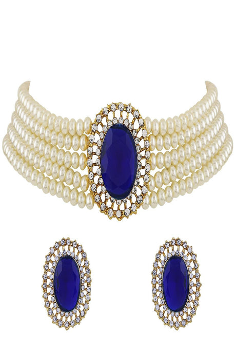 Gold Plated Traditional Stone Studded Pearl Choker Necklace Jewellery Set