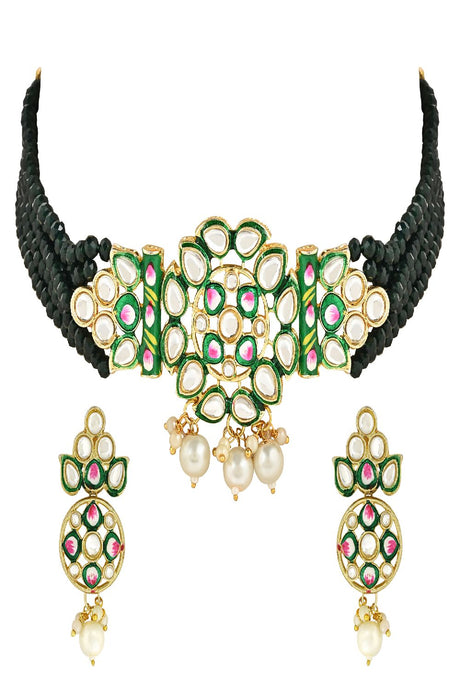 Gold Plated Traditional Pearl Kundan Studded Meenakari Choker Necklace With Earring Set