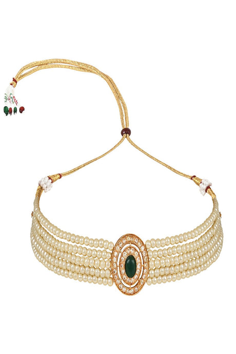 Gold Plated Traditional Handcrafted Stone Studded Pearl Choker Necklace Jewellery Set With Earrings