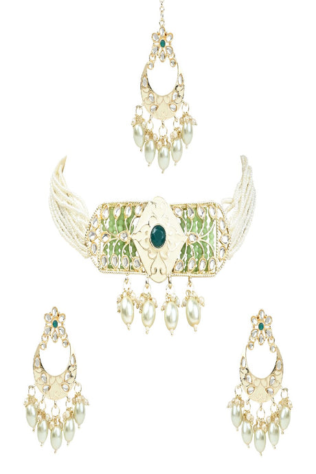 Gold Plated White Tumble Studded Pearl Beaded Polki Kundan Choker Necklace Set