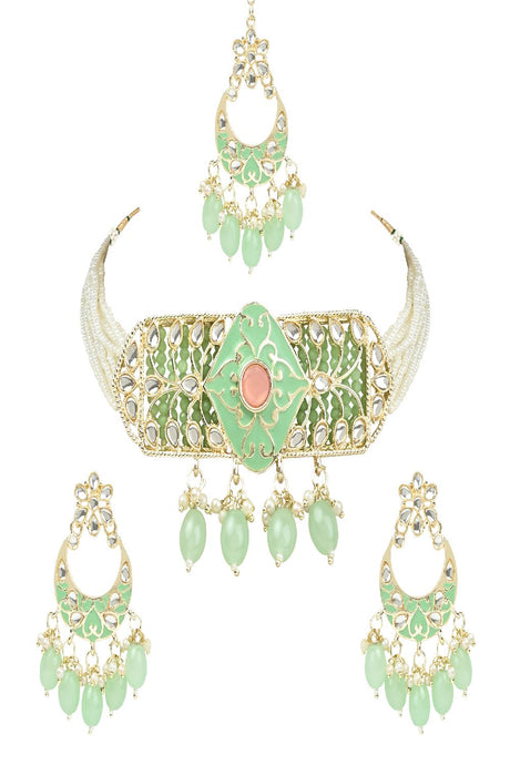 Gold Plated Pearl Polki Kundan Choker Necklace Jewellery Set With Earring & Maang Tikkakka