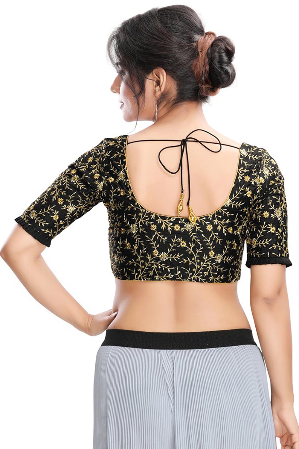 Black Dupion Silk Embroidered Short Sleeves Blouse