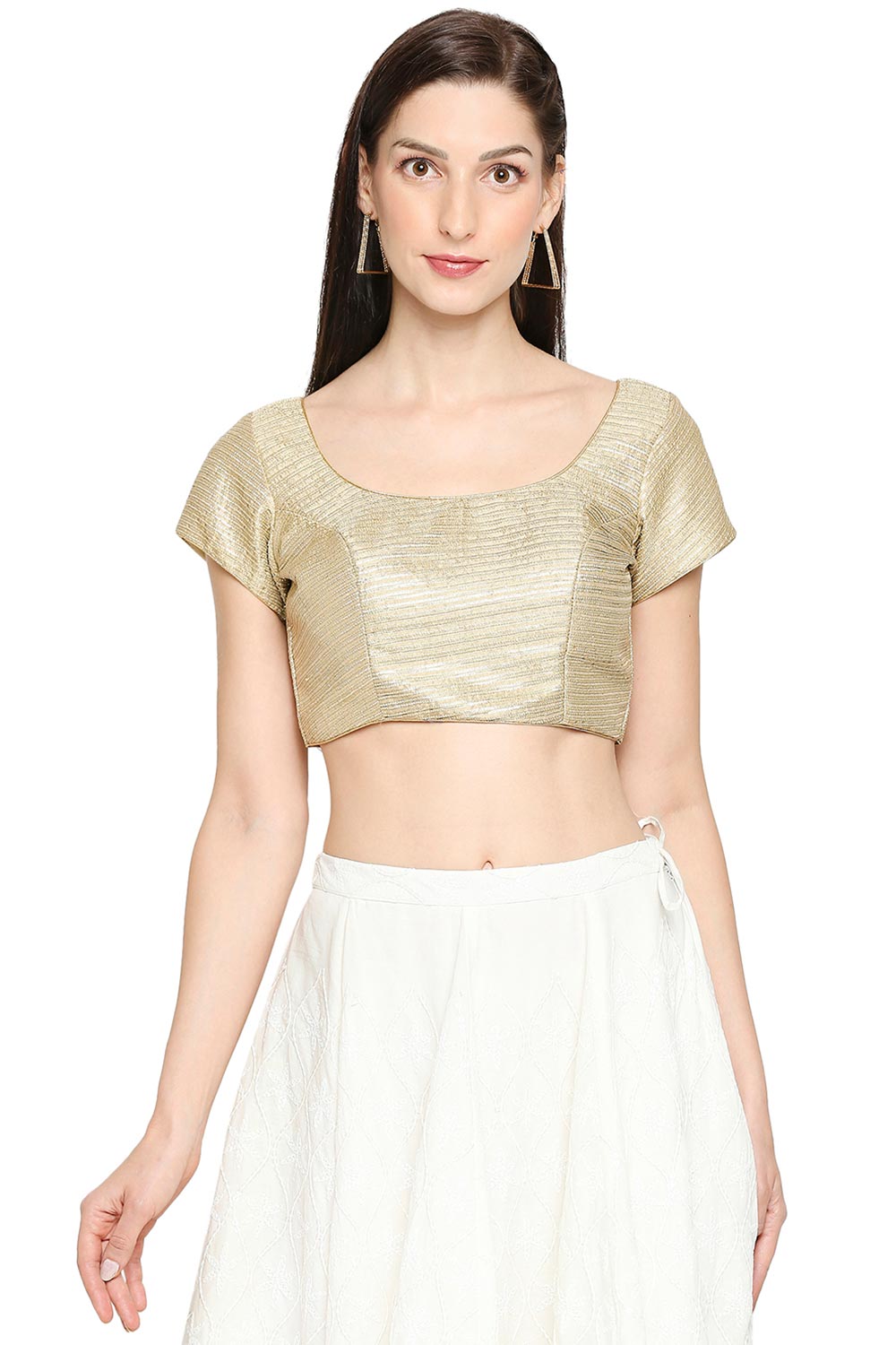 Gold Cotton Silk Embroidered Short Sleeves Blouse