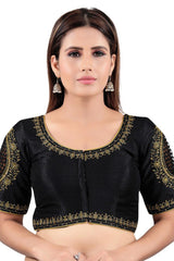 Black Mulbury Silk Embroidered Short Sleeves Blouse