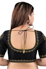 Black Mulbury Silk Embroidered Short Sleeves Blouse