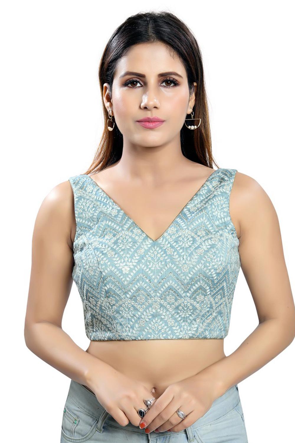 Grey Art Silk Embroidered Sleeveless Blouse