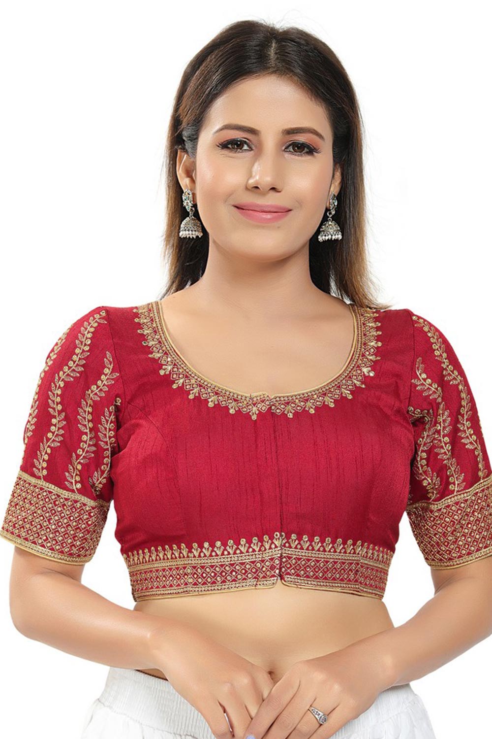 Pinkish Maroon Silk Embroidered Short Sleeves Blouse