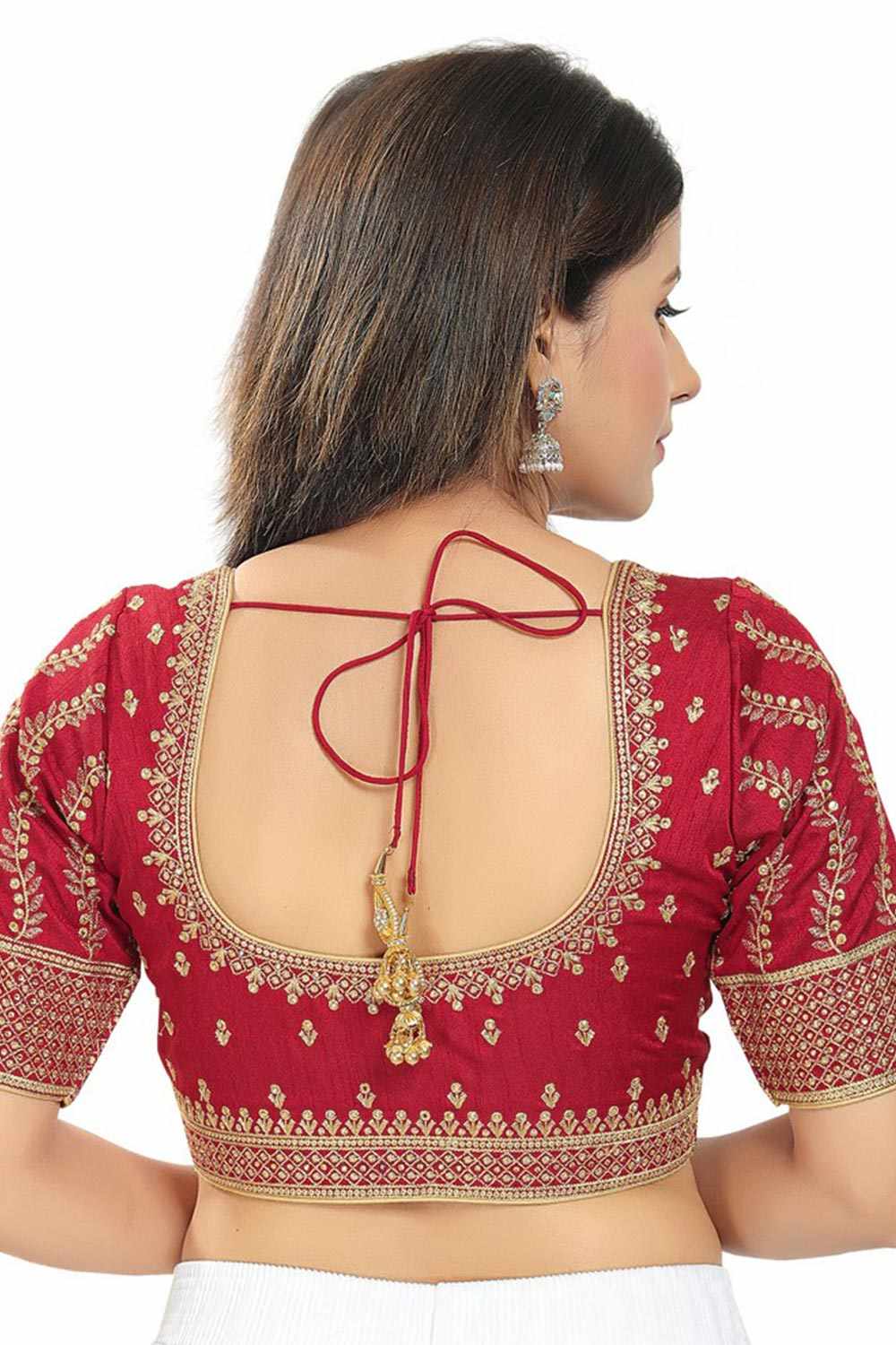 Pinkish Maroon Silk Embroidered Short Sleeves Blouse