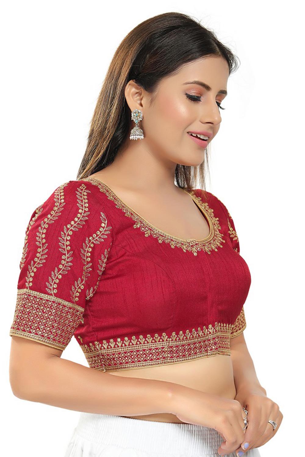 Pinkish Maroon Silk Embroidered Short Sleeves Blouse