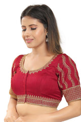 Pinkish Maroon Silk Embroidered Short Sleeves Blouse