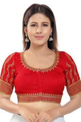 Red Silk Embroidered Short Sleeves Blouse