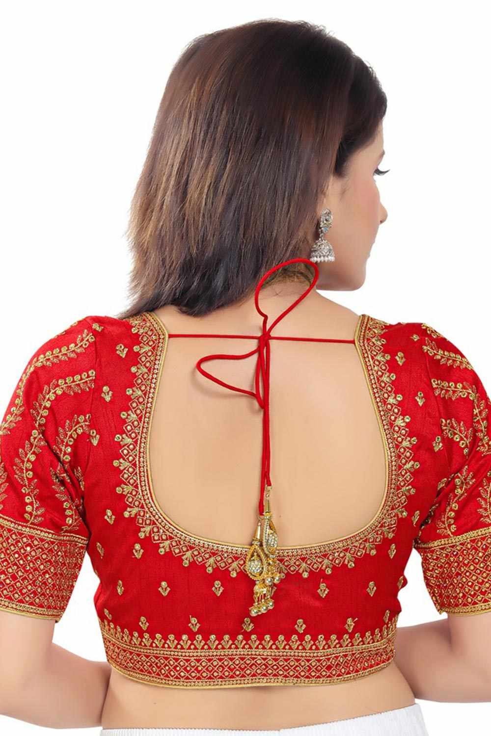 Red Silk Embroidered Short Sleeves Blouse