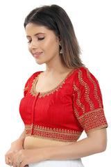 Red Silk Embroidered Short Sleeves Blouse