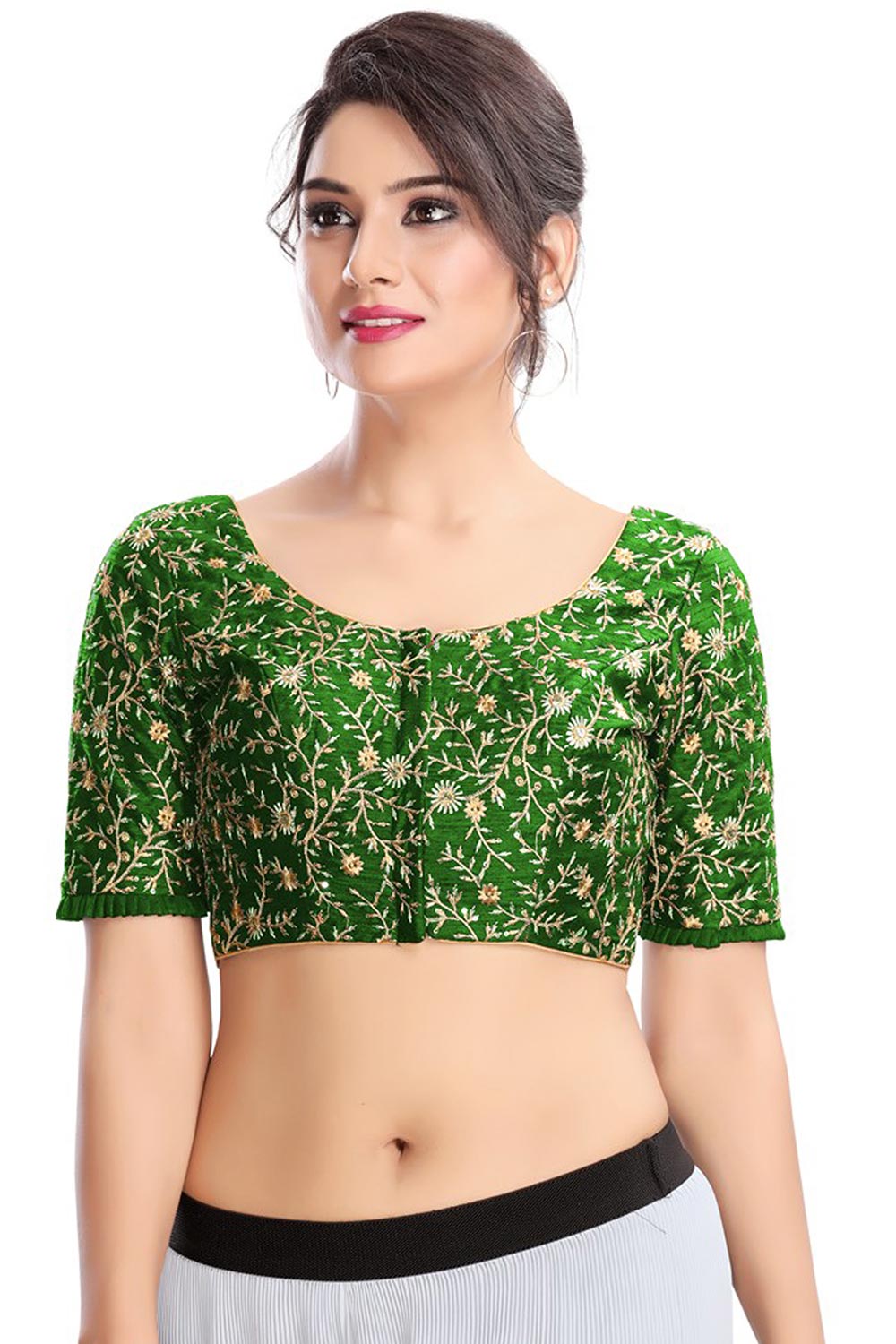 Green Dupion Silk Embroidered Short Sleeves Blouse