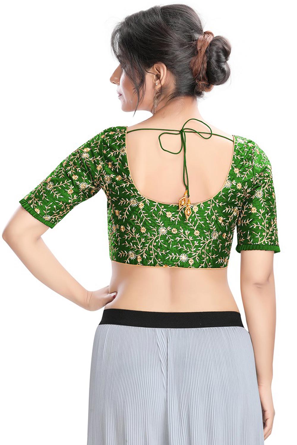 Green Dupion Silk Embroidered Short Sleeves Blouse