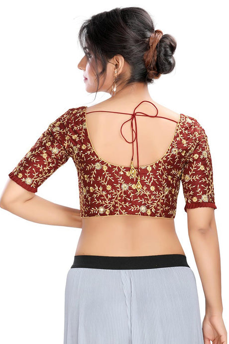 Maroon Dupion Silk Embroidered Short Sleeves Blouse