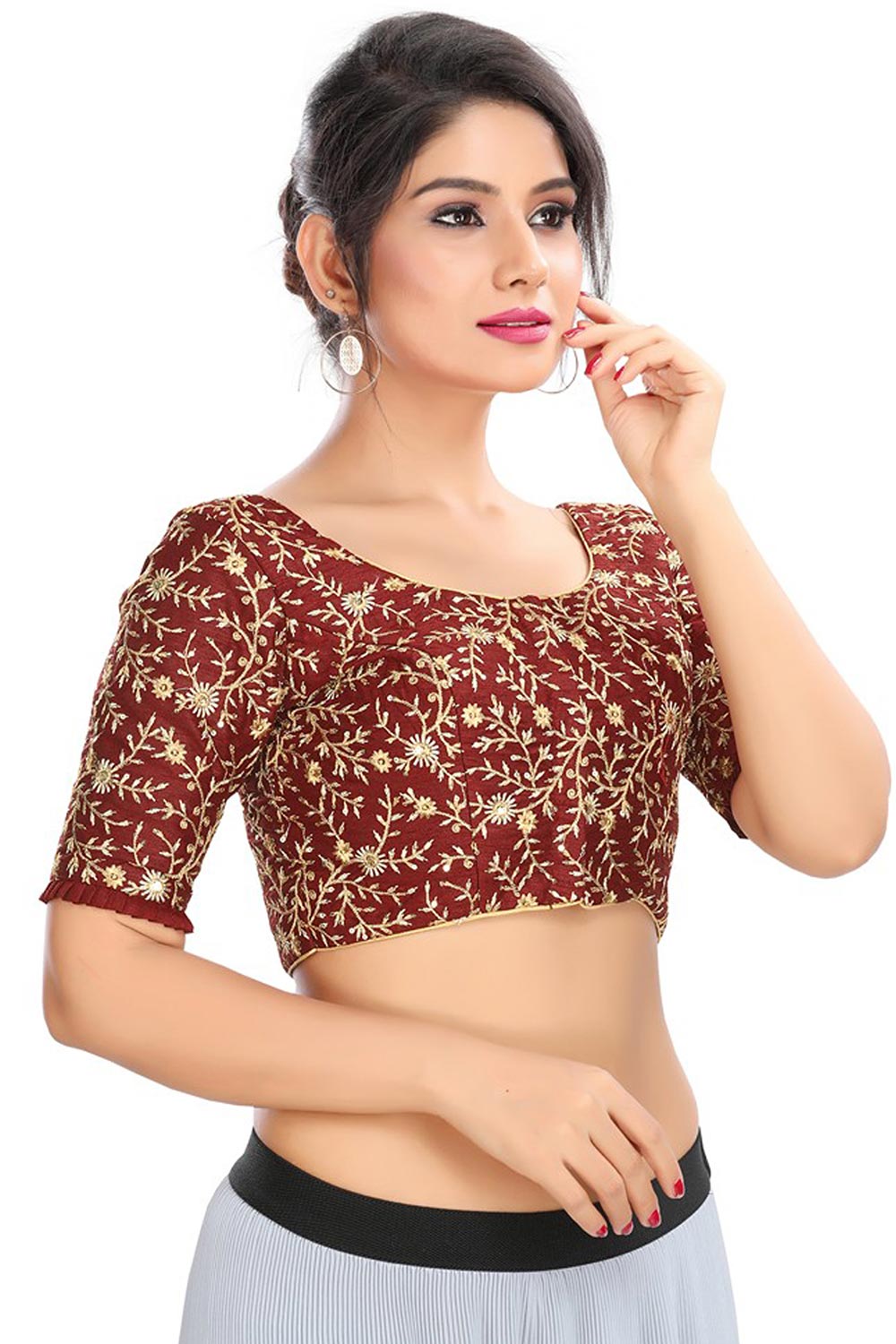 Maroon Dupion Silk Embroidered Short Sleeves Blouse