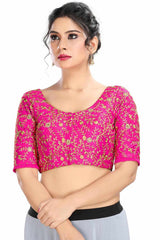 Pink Dupion Silk Embroidered Short Sleeves Blouse