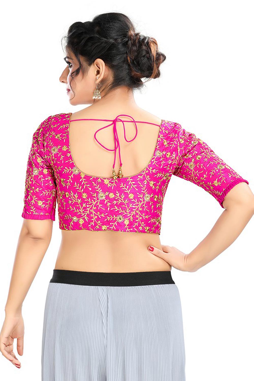 Pink Dupion Silk Embroidered Short Sleeves Blouse