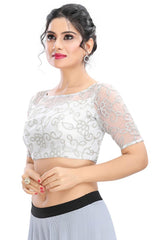 Silver Net Embroidered Short Sleeves Blouse