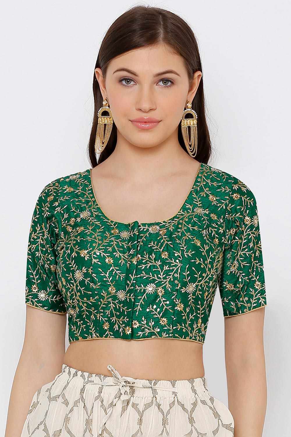 Green Silk Blend Embroidered Short Sleeves Blouse