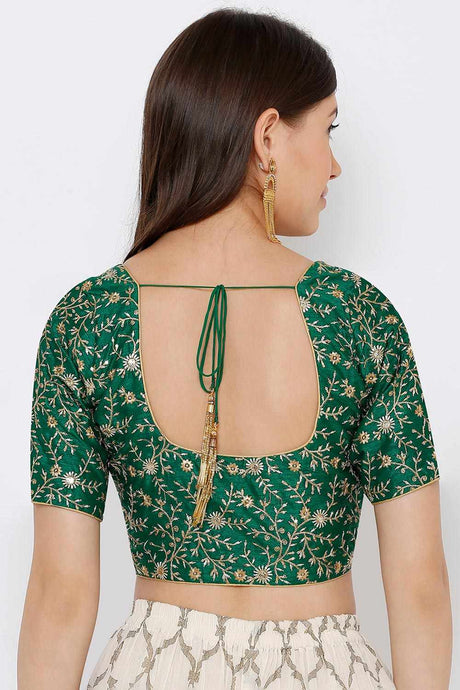 Green Silk Blend Embroidered Short Sleeves Blouse