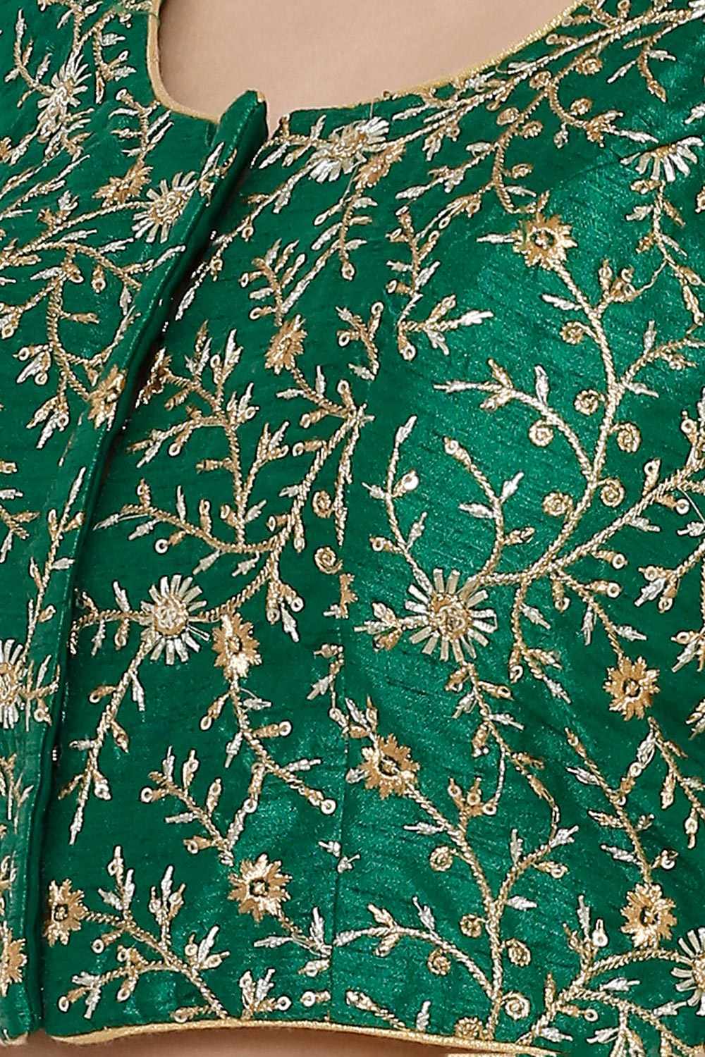 Green Silk Blend Embroidered Short Sleeves Blouse