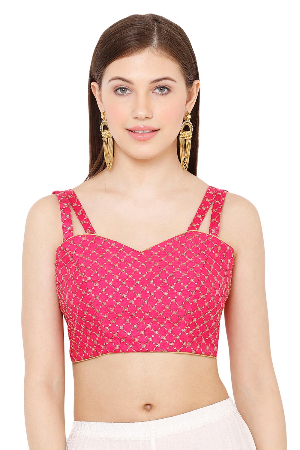 Tomato Pink Dupion Silk Embroidered Sleeveless Blouse