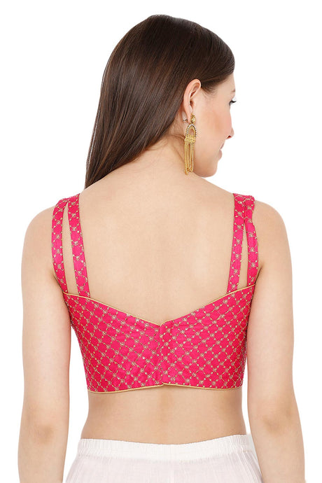 Tomato Pink Dupion Silk Embroidered Sleeveless Blouse