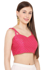 Tomato Pink Dupion Silk Embroidered Sleeveless Blouse