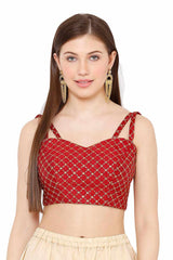 Maroon Dupion Silk Embroidered Sleeveless Blouse