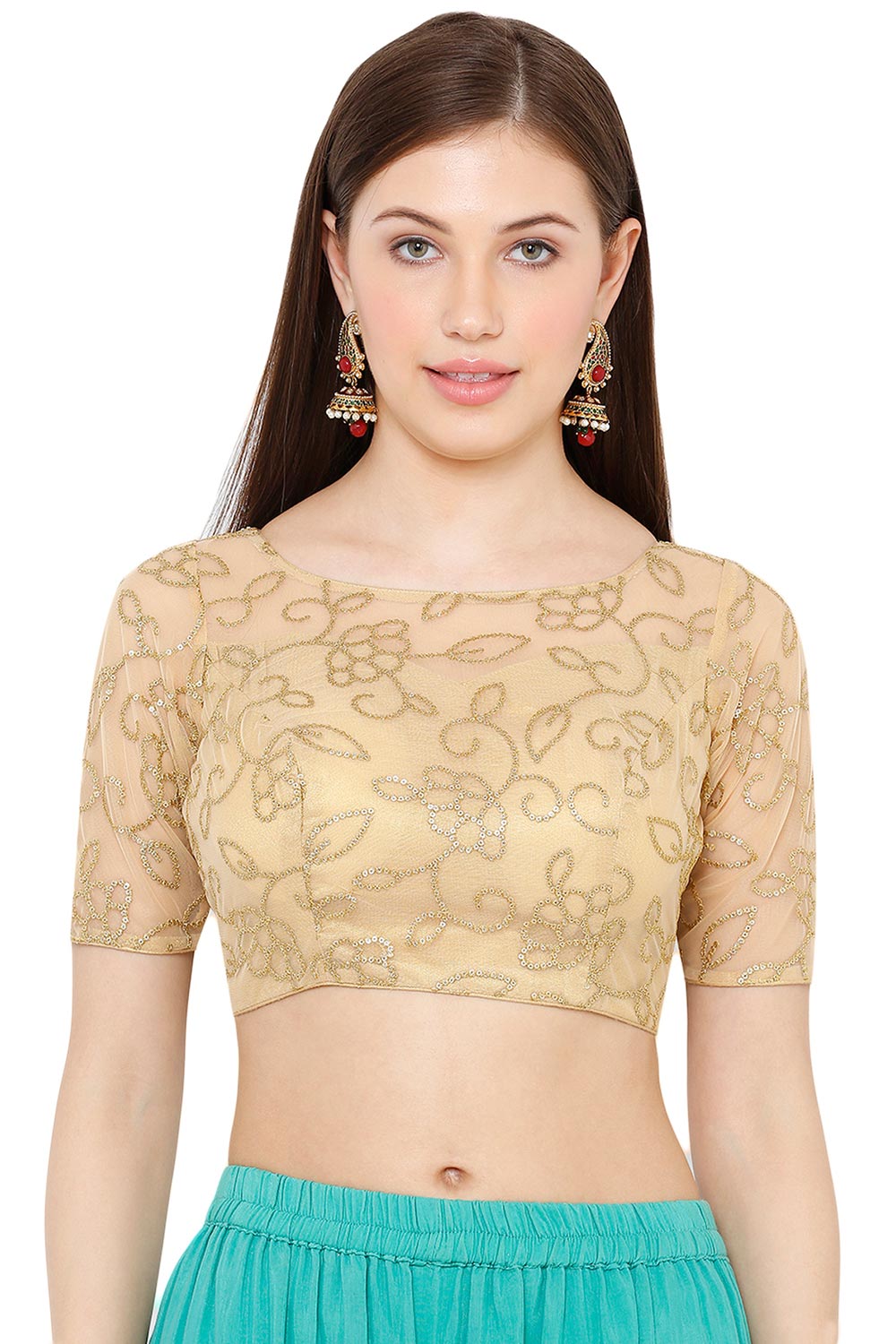 Gold Net Embroidered Short Sleeves Blouse