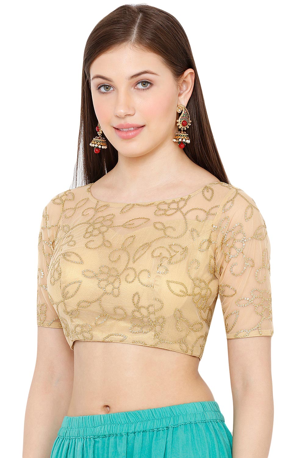 Gold Net Embroidered Short Sleeves Blouse