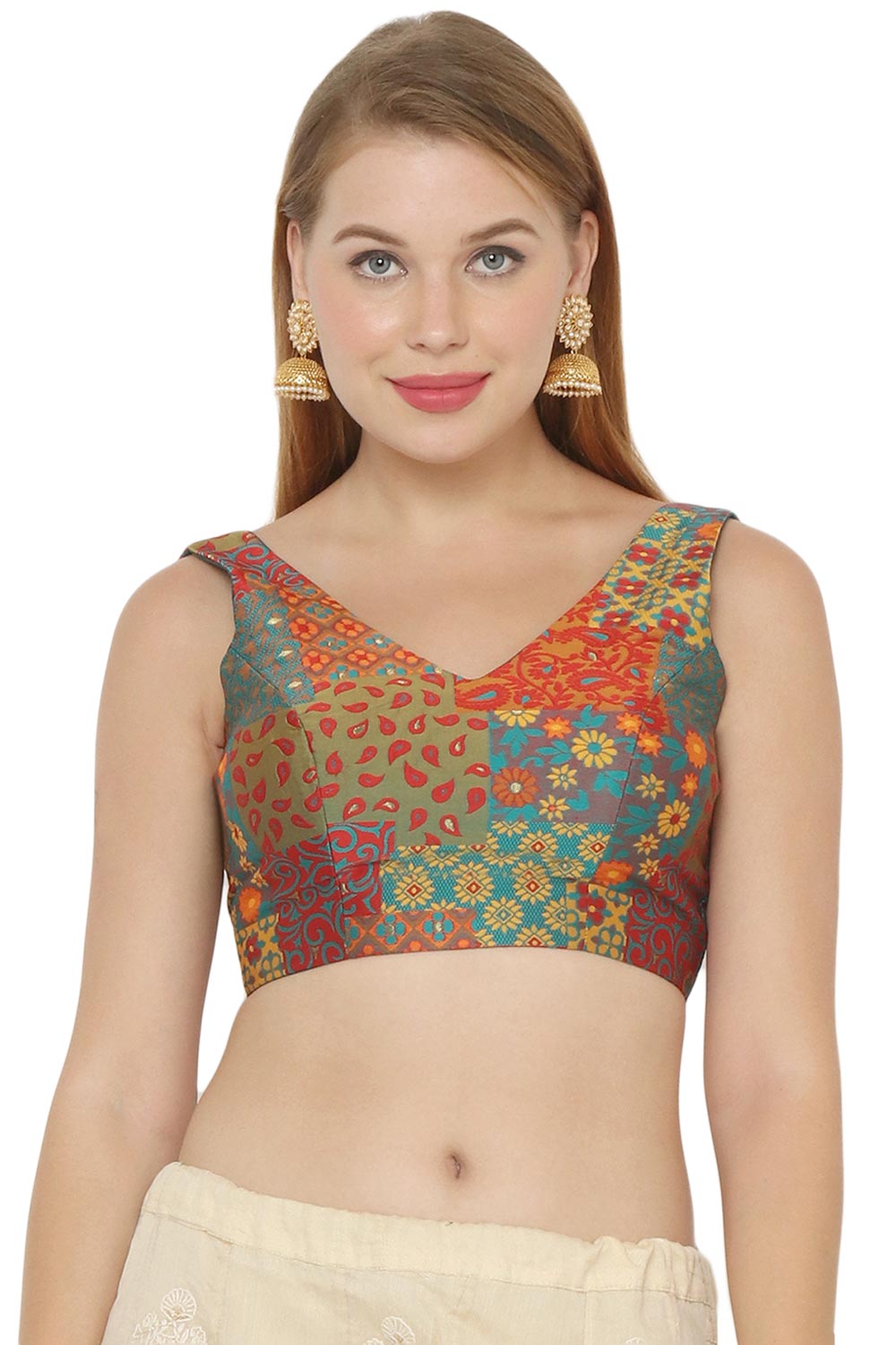 Rama Green Jacquard Printed Sleeveless Blouse