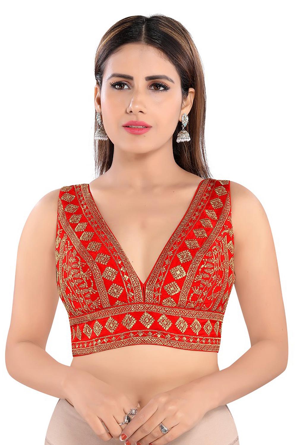 Red Art Silk Embroidered Sleeveless Blouse