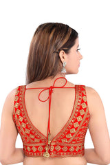 Red Art Silk Embroidered Sleeveless Blouse